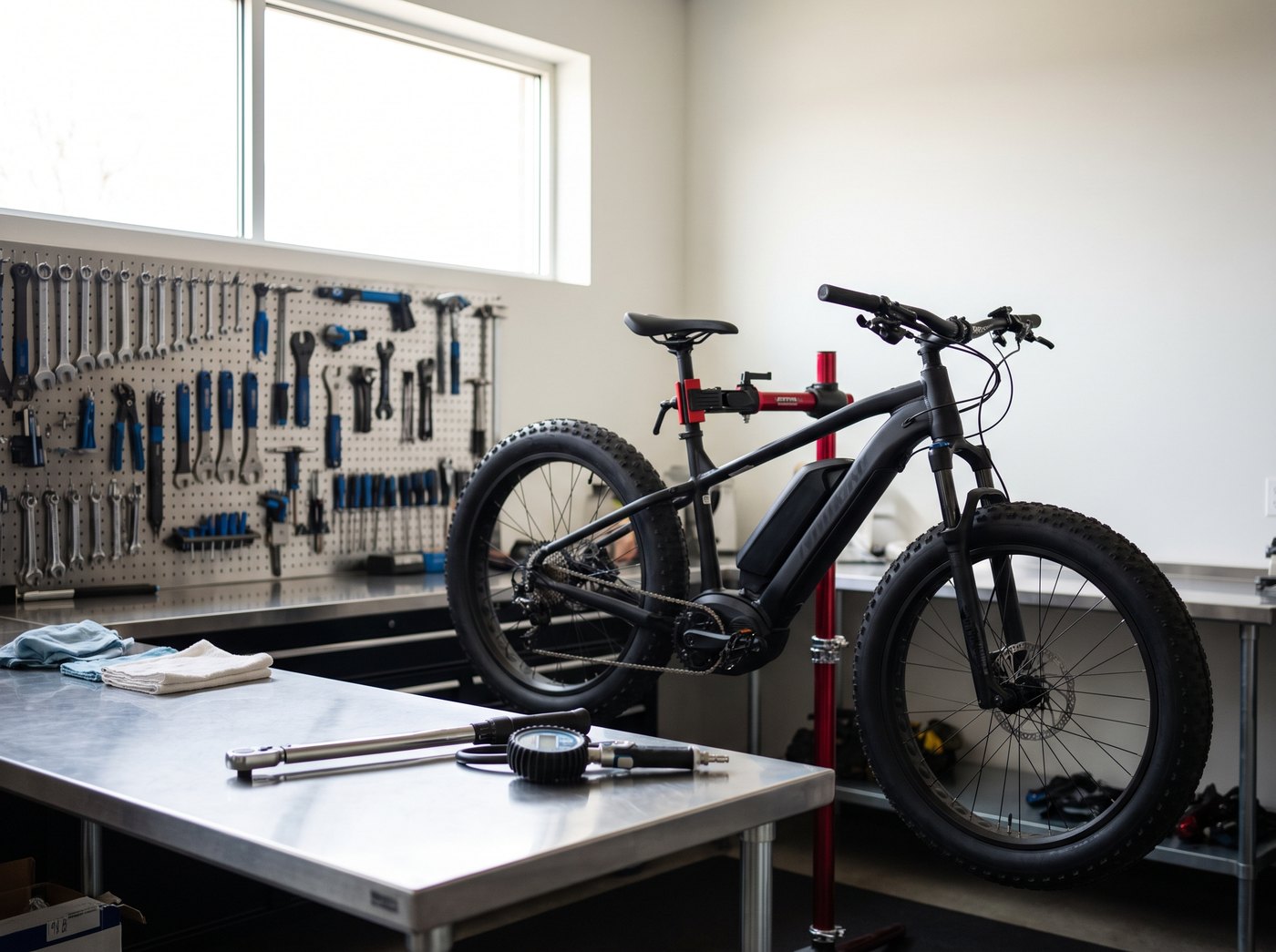 Arbeitsplatz in der Werkstatt: ein E-Bike im Montageständer vor der Werkzeugwand