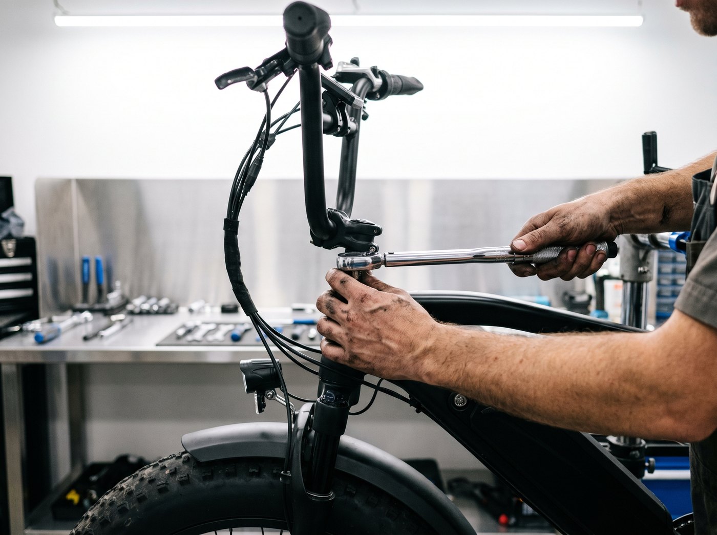 Ein Mechaniker zieht den Vorbau mit dem Drehmomentschlüssel an
