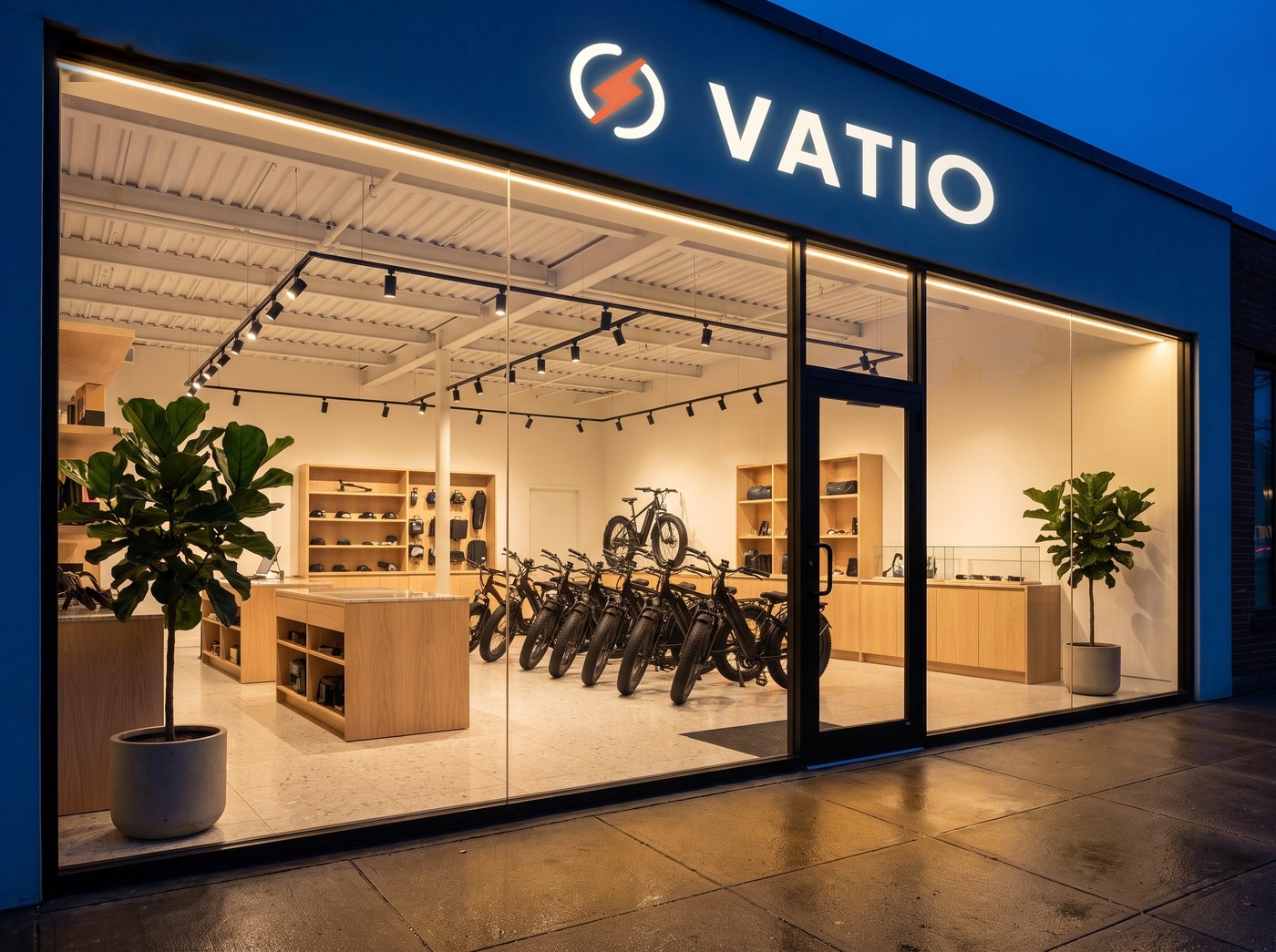 Der Vatio-Laden in Leipzig bei Einbruch der Dunkelheit: das beleuchtete Schild über dem Schaufenster und die Reihe der E-Bikes im Inneren